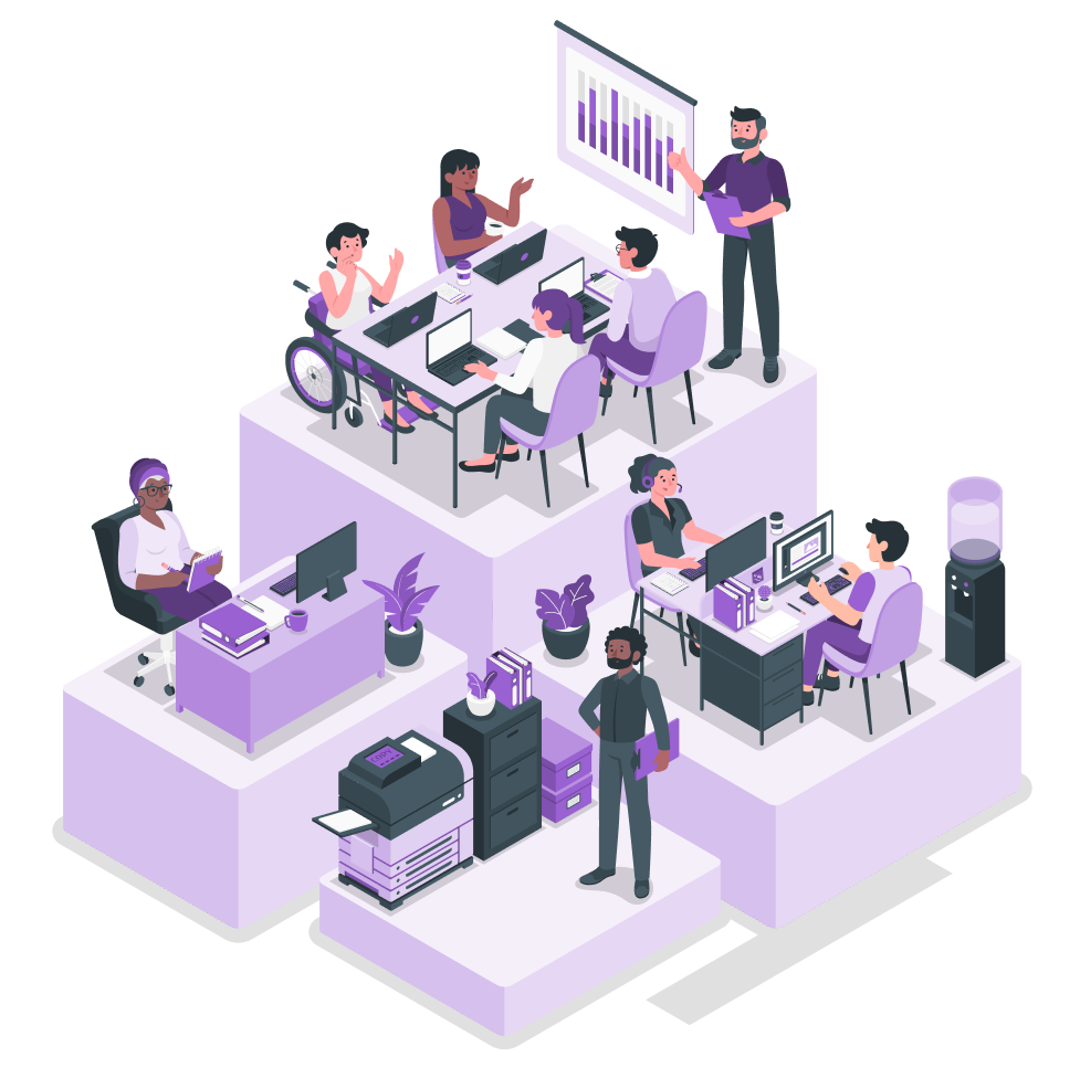 An engineering team working together across an open-plan office