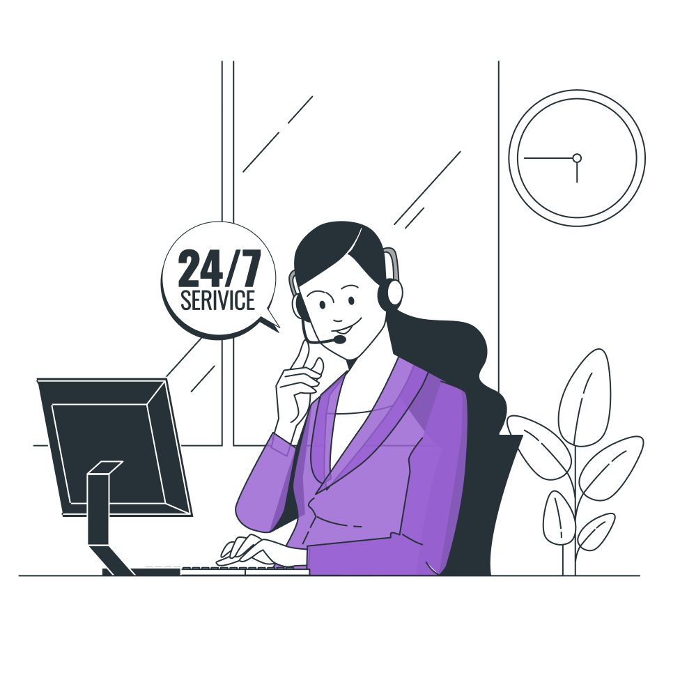 A support agent wearing a headset at a desk beside a 24/7 service badge