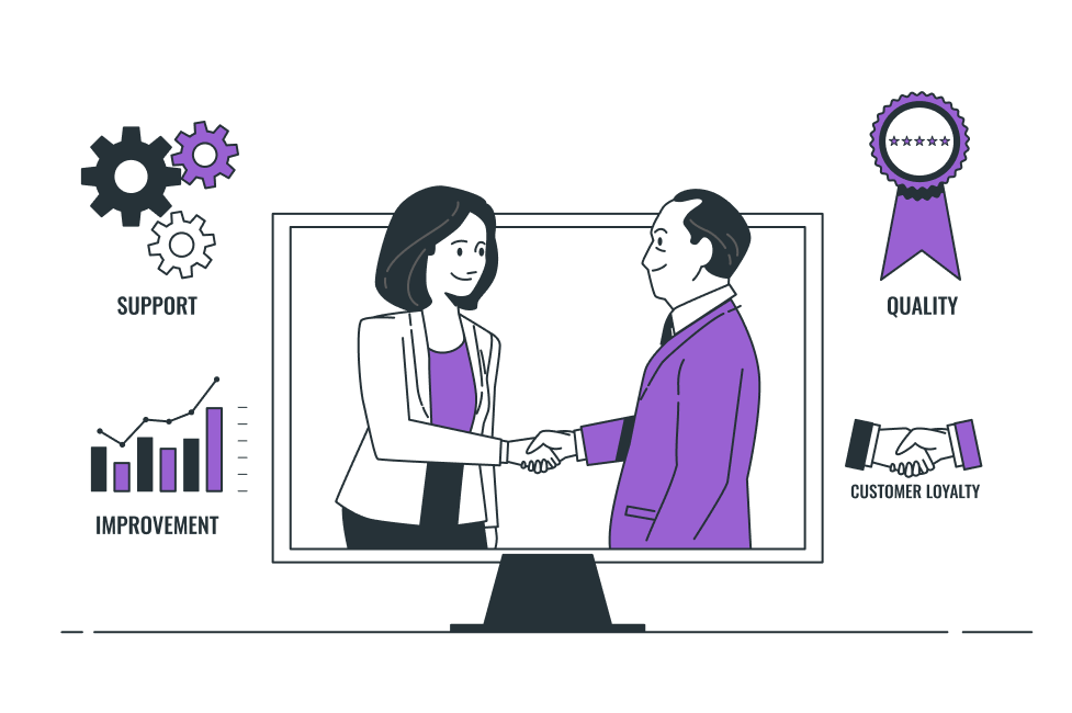 Two people shaking hands on screen, ringed by support, quality and improvement icons