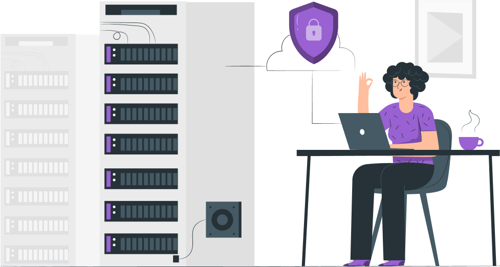 A server rack protected by a padlock shield, watched by an engineer at a laptop