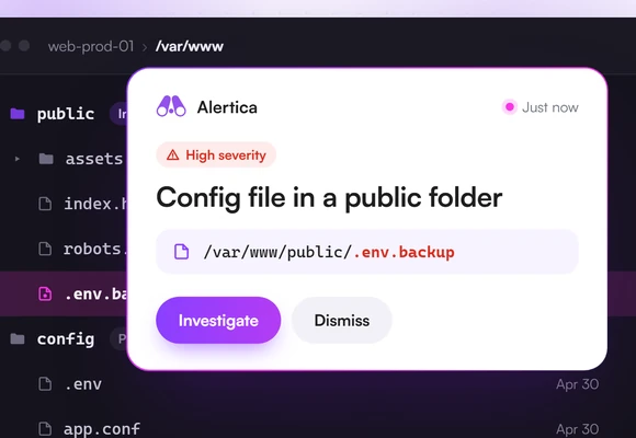 An Alertica alert flagging a new .env.backup config file in a server's internet-facing public folder