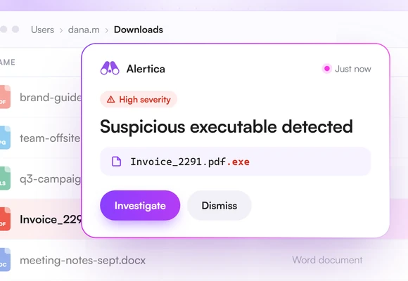 An Alertica alert flagging Invoice_2291.pdf.exe, an executable disguised as a PDF, in a marketing user's Downloads folder