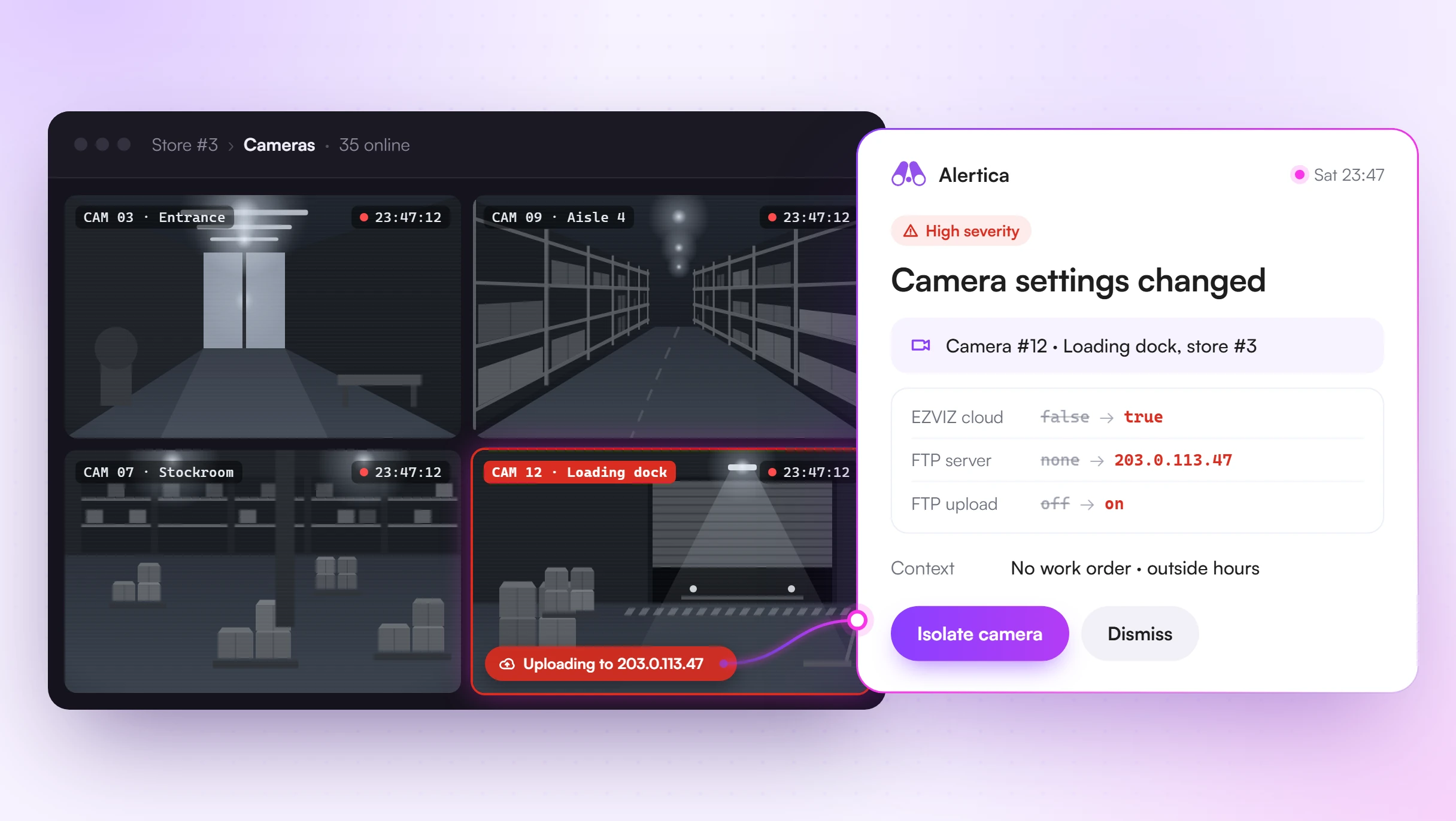 An Alertica alert showing a loading dock camera's settings changed to enable EZVIZ cloud and FTP uploads to an unknown server