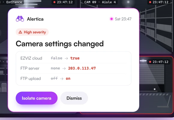 An Alertica alert showing a loading dock camera's settings changed to enable EZVIZ cloud and FTP uploads to an unknown server