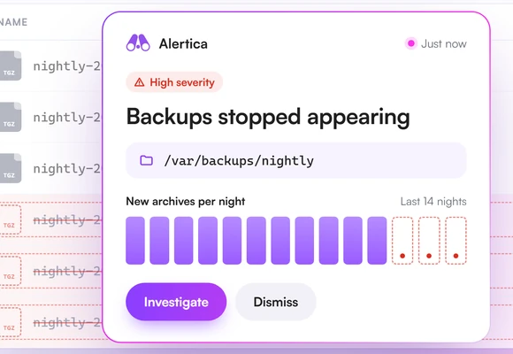 An Alertica alert showing that nightly backup archives stopped appearing, with the three most recent archives removed from the folder