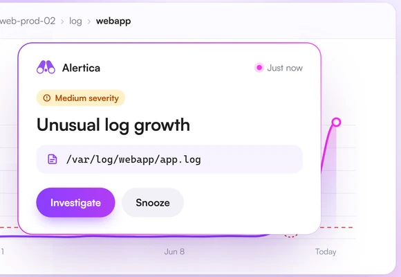 An Alertica alert on a log file that grew by 512 MB in a day, next to alerts for an oversized upload and a missing weekly report