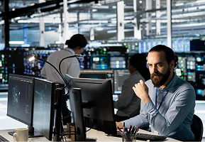 Two colleagues discussing results in a monitoring operations room