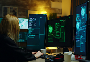 An operator monitoring camera feeds on several screens